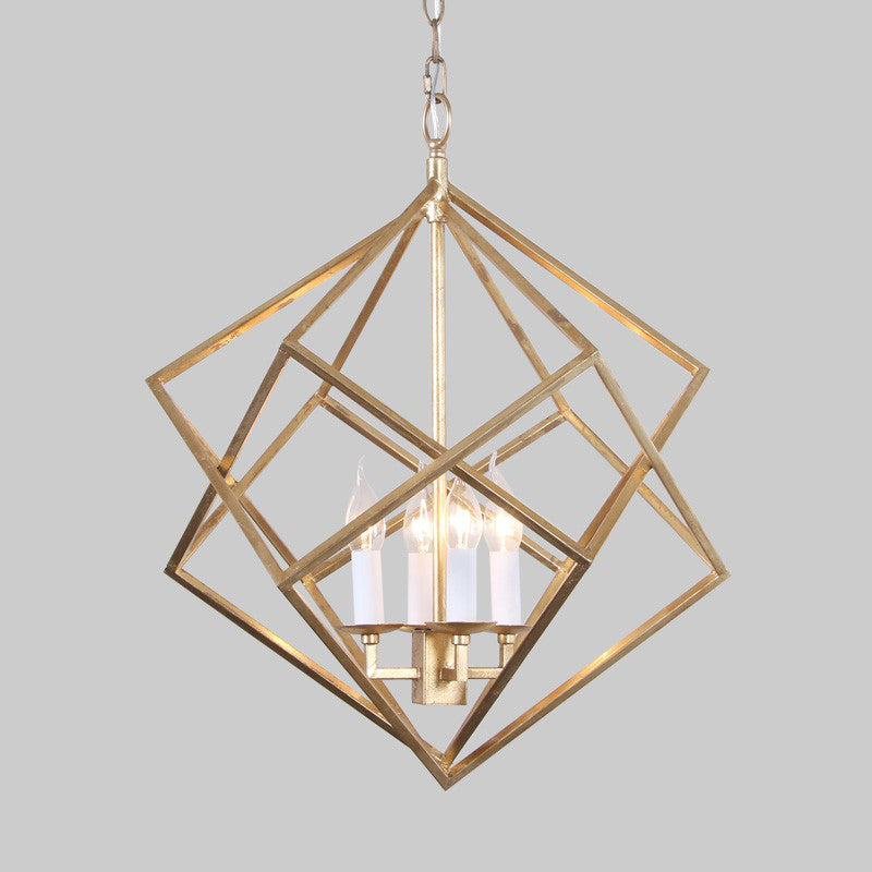 4 Lights Metal Pendant Chandelier Classic Gold Rhombus Living Room Hanging Ceiling Fixture with Candle Shade
