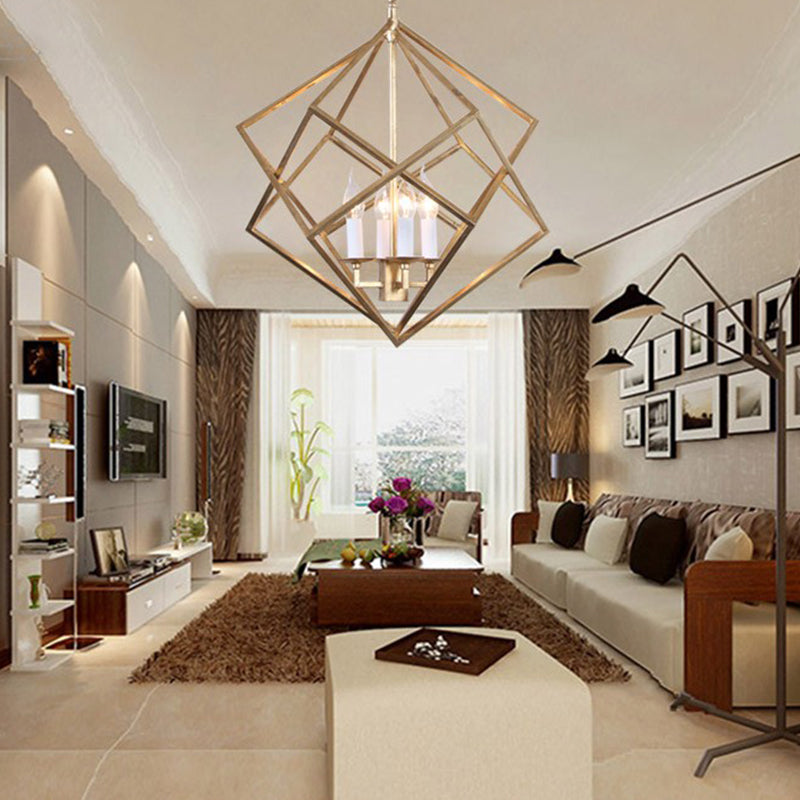 Geometric Metal Chandelier Light Traditional 6 Lights Living Room Pendant Lighting in Brass/Chrome