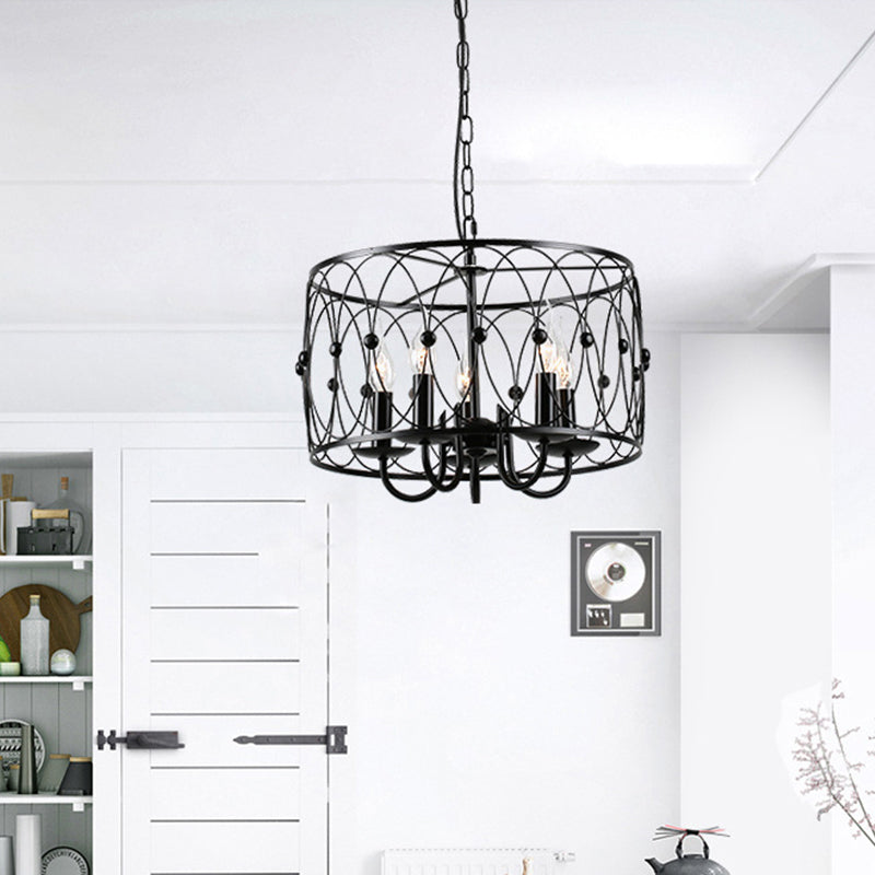 Black Drum Hanging Chandelier Rustic Style Metal 6 Heads Living Room Pendant Ceiling Light with Candle Design