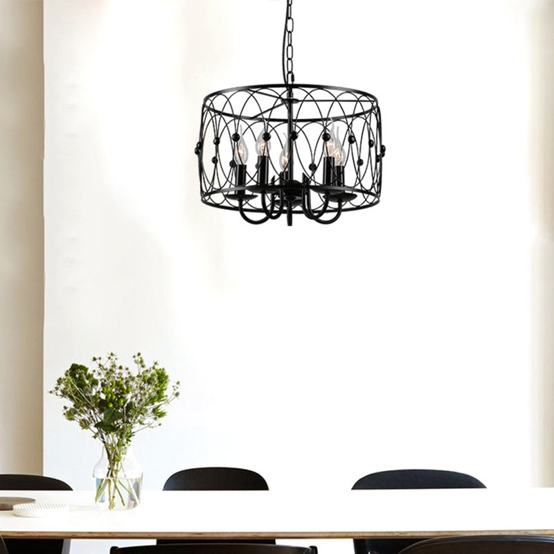 Black Drum Hanging Chandelier Rustic Style Metal 6 Heads Living Room Pendant Ceiling Light with Candle Design