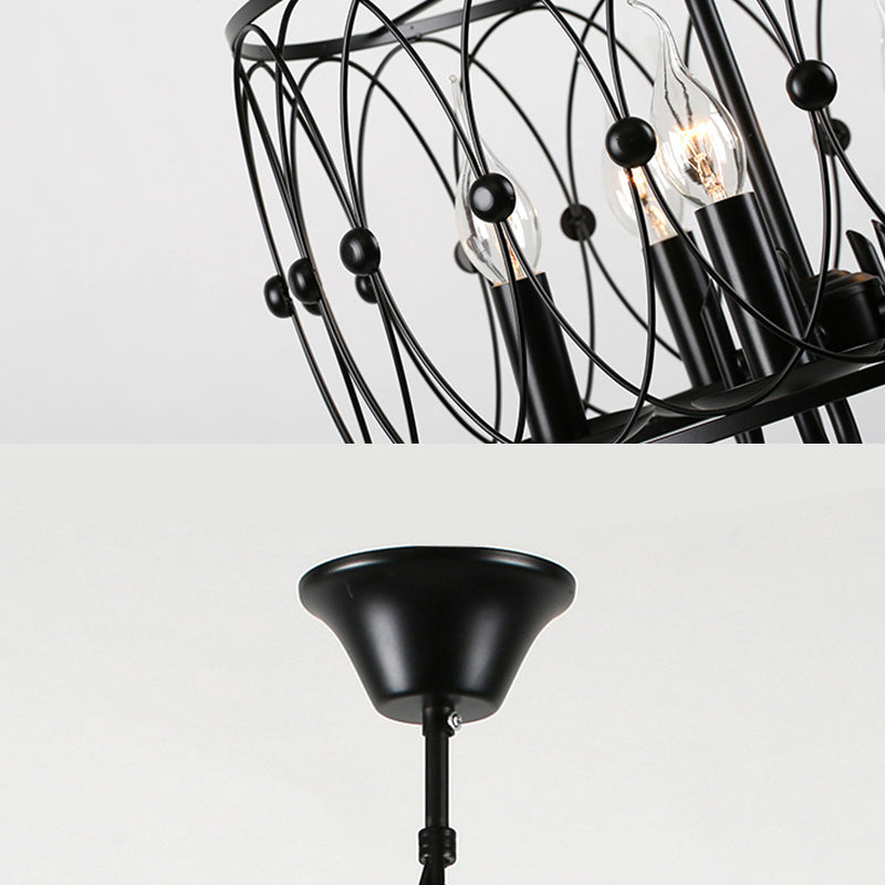 Black Drum Hanging Chandelier Rustic Style Metal 6 Heads Living Room Pendant Ceiling Light with Candle Design