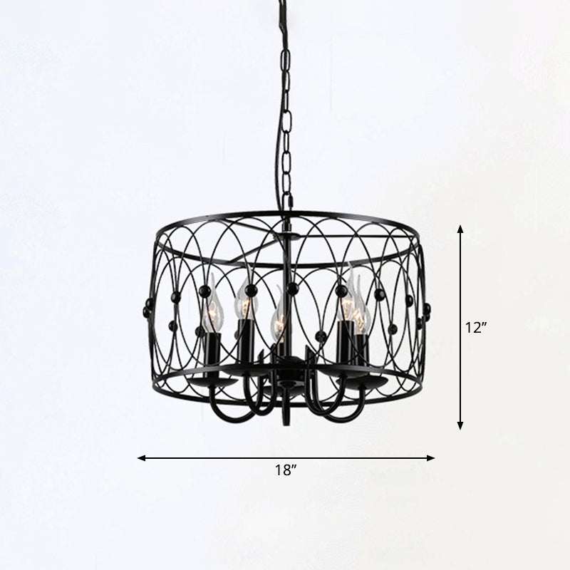 Black Drum Hanging Chandelier Rustic Style Metal 6 Heads Living Room Pendant Ceiling Light with Candle Design