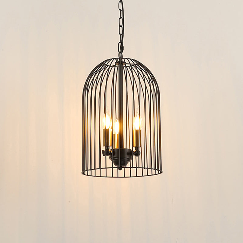 Birdcage Living Room Pendant Chandelier Traditional Metal 3 Lights Black Hanging Fixture with Candle Shade