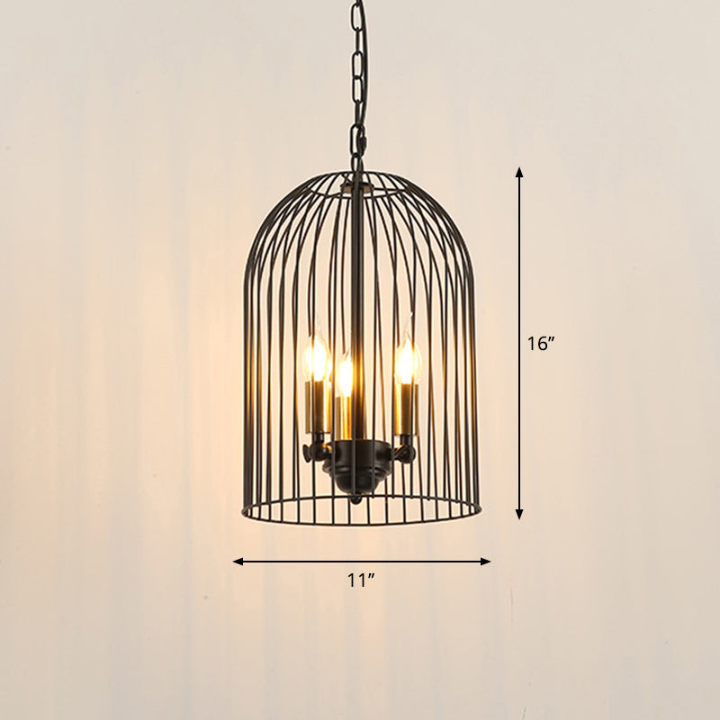 Birdcage Living Room Pendant Chandelier Traditional Metal 3 Lights Black Hanging Fixture with Candle Shade