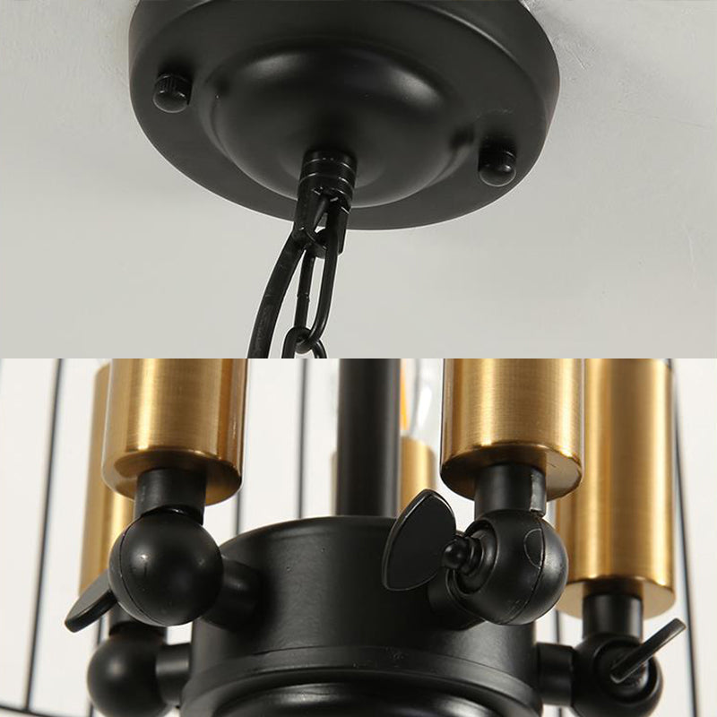 Birdcage Living Room Pendant Chandelier Traditional Metal 3 Lights Black Hanging Fixture with Candle Shade