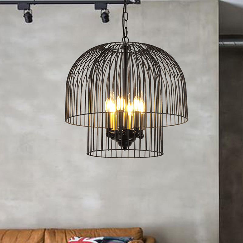 Black 6 Lights Chandelier Light Fixture Traditional Metal Wire Cage Pendant Lamp for Living Room