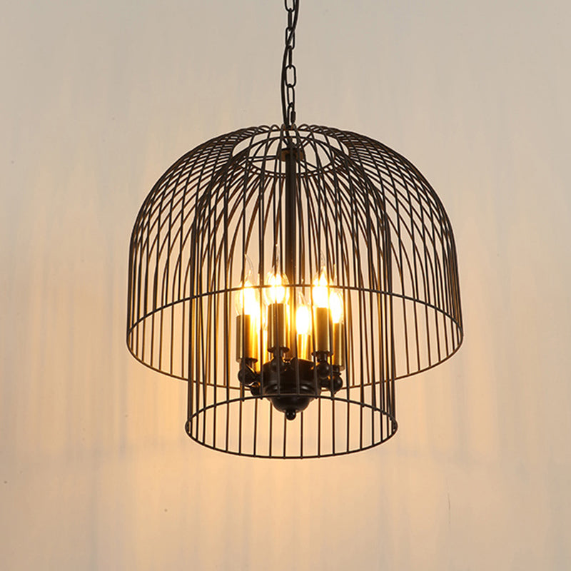 Black 6 Lights Chandelier Light Fixture Traditional Metal Wire Cage Pendant Lamp for Living Room