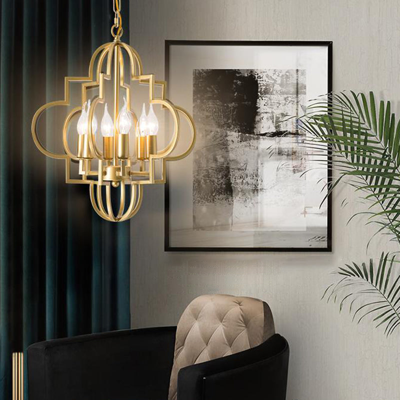 Metal Gold Pendant Lamp Candle Shade 6 Lights Classic Chandelier Light Fixture for Bedroom