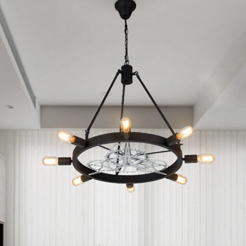 7/8 Bulbs Iron Hanging Chandelier Industrial Black/Silver Gear Wheel Dining Table Suspended Lighting Fixture with Exposed Bulb Design