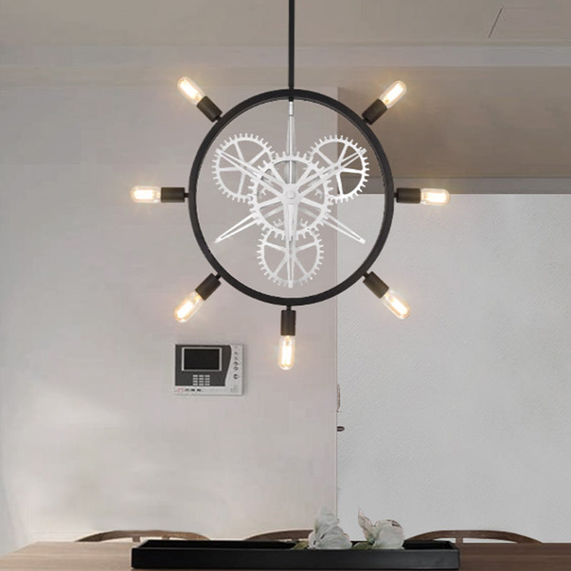 7/8 Bulbs Iron Hanging Chandelier Industrial Black/Silver Gear Wheel Dining Table Suspended Lighting Fixture with Exposed Bulb Design