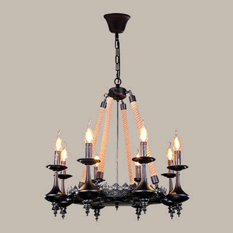 Iron Candle Chandelier Light Fixture Warehouse 6/8 Heads Dining Room Hanging Ceiling Light in Black with Rope Cord