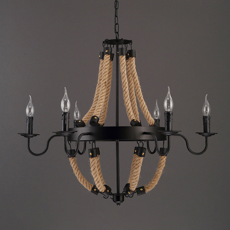 Loft Style Candelabrum Chandelier 8 Bulbs Hemp Rope Hanging Lamp in Black for Living Room