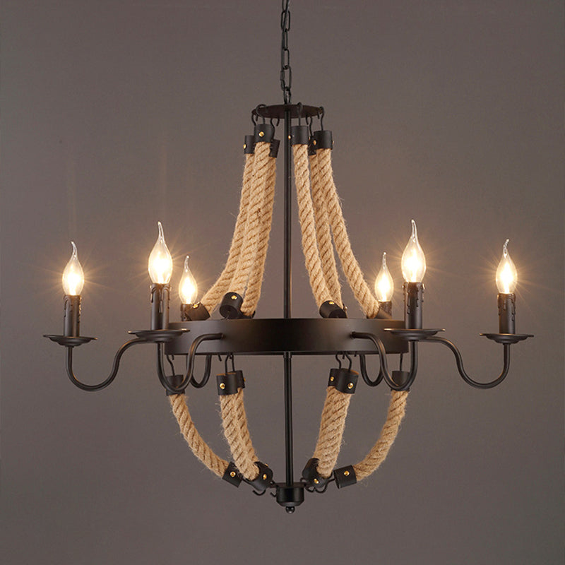 Loft Style Candelabrum Chandelier 8 Bulbs Hemp Rope Hanging Lamp in Black for Living Room