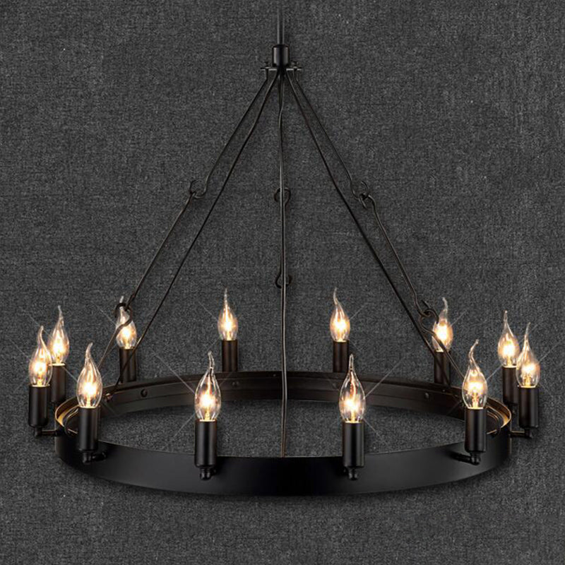 12/18 Lights Circle Chandelier Industrial Black Iron Hanging Lamp Kit with Bare Bulb Design