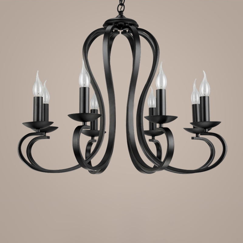Iluminación colgante de brazo remolino negro de metal de estilo clásico 3/5/6 Lights Lights Living Chandelier