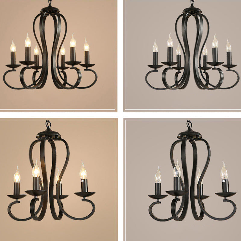 Black Swirled Arm Pendant Lighting Classic-Style Metal 3/5/6 Lights Living Room Chandelier