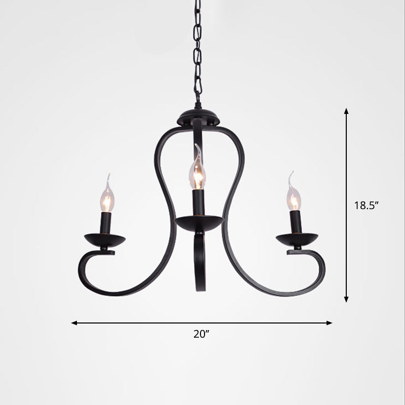 Iluminación colgante de brazo remolino negro de metal de estilo clásico 3/5/6 Lights Lights Living Chandelier