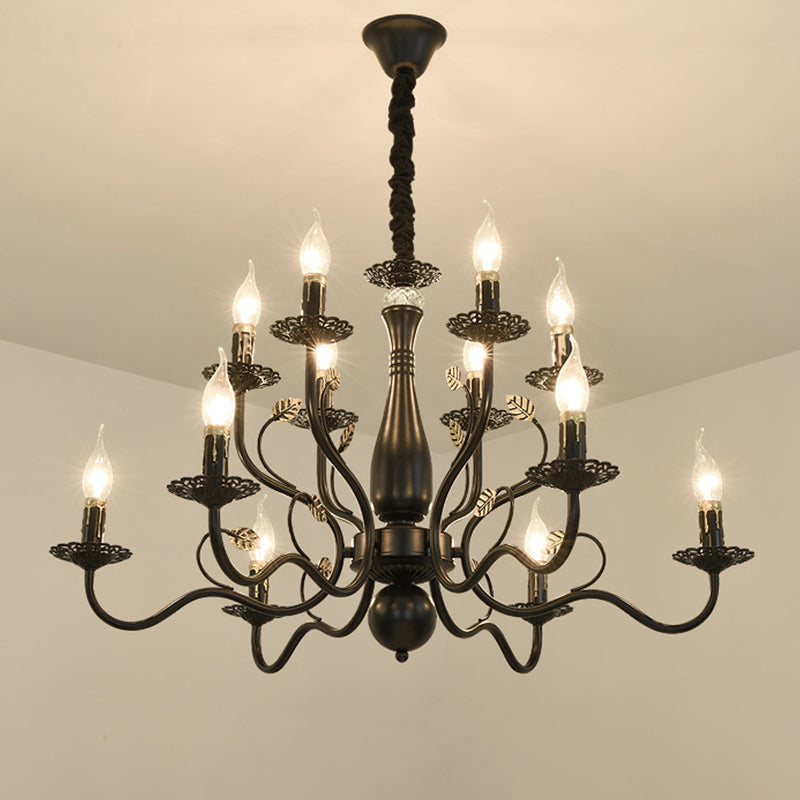 Metal Swooping Arm Hanging Chandelier Traditional 6/12/16 Lights Living Room Pendant Light in Dark Brown