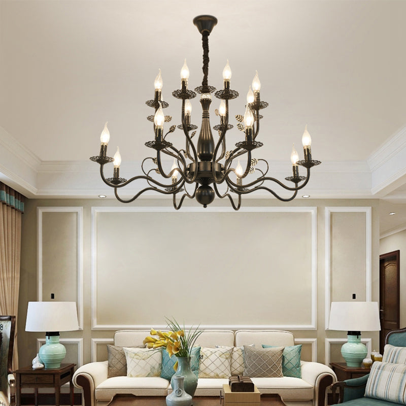 Metal Swooping Arm Hanging Chandelier Traditional 6/12/16 Lights Living Room Pendant Light in Dark Brown