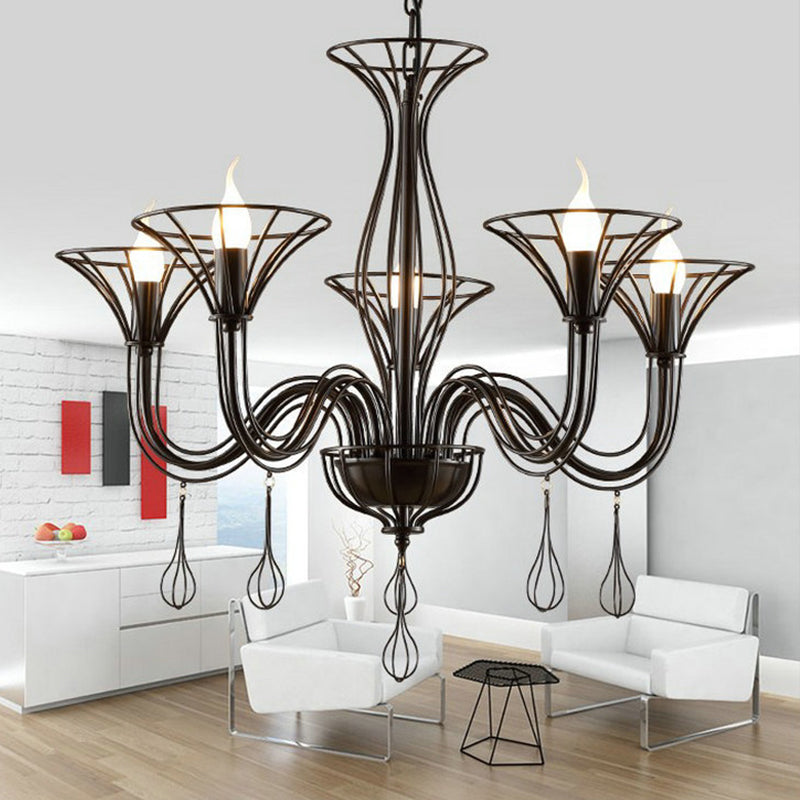 Dark Brown Scrolled Arm Pendant Lighting Classic Metal 5/6 Lights Living Room Chandelier