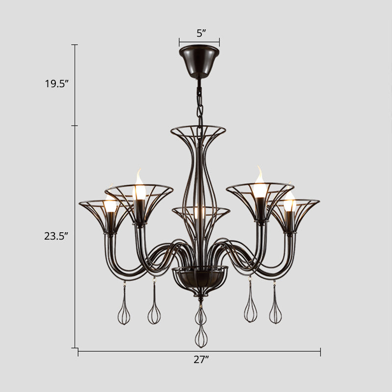 Dark Brown Scrolled Arm Pendant Lighting Classic Metal 5/6 Lights Living Room Chandelier