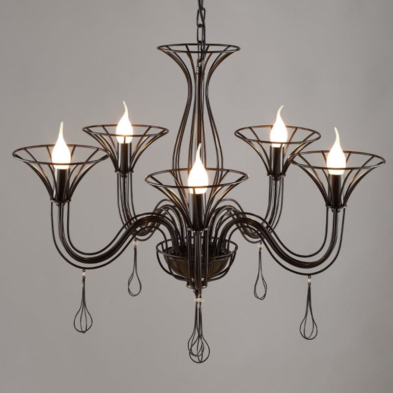 Dark Brown Scrolled Arm Pendant Lighting Classic Metal 5/6 Lights Living Room Chandelier