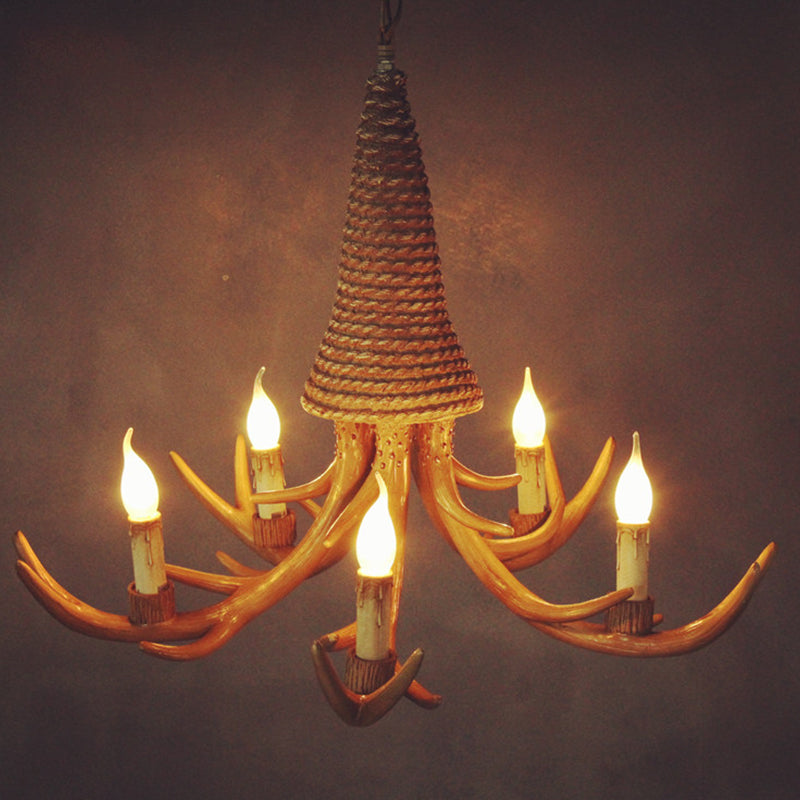 Beige Elk Shaped Chandelier Lamp Traditional Metal and Rope 3/5 Lights Living Room Hanging Light
