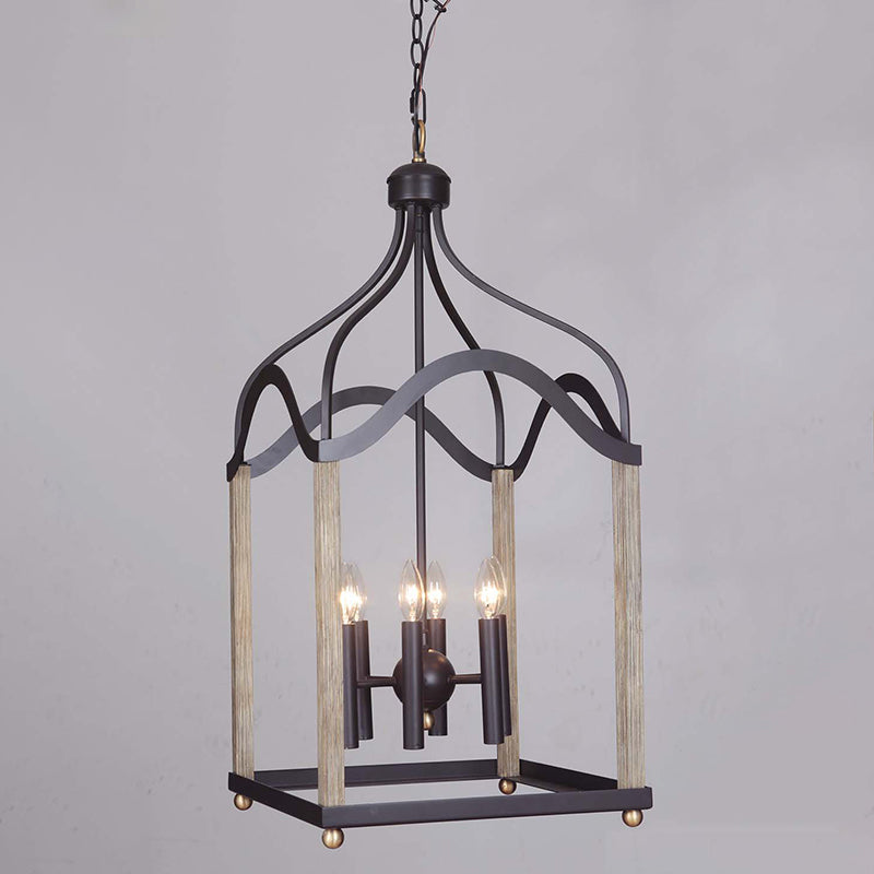 4 Lights Metal Hanging Chandelier Traditional Black Candle-Style Living Room Pendant Light Fixture with Cage