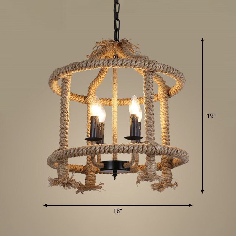 Beige 4 Lights Chandelier Light Fixture Traditional Rope Cylinder Pendant Lamp for Dining Room
