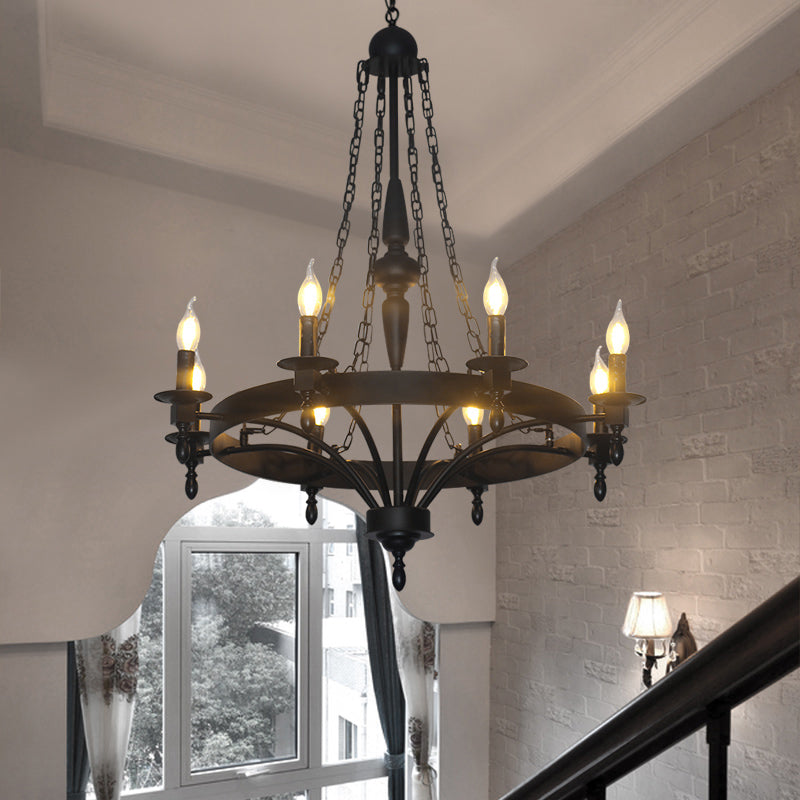 8 Lights Pendant Light Classic Wagon Wheel Metal Hanging Chandelier in Rust for Corridor