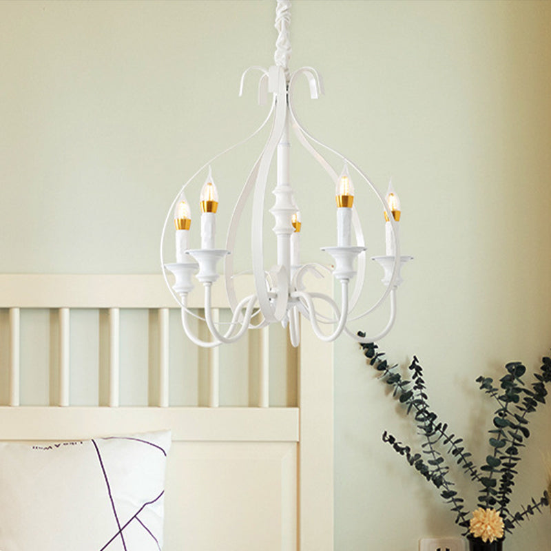 Swooping Arm Metal Chandelier Light Traditional 5 Lights Dining Room Pendant Lighting in White