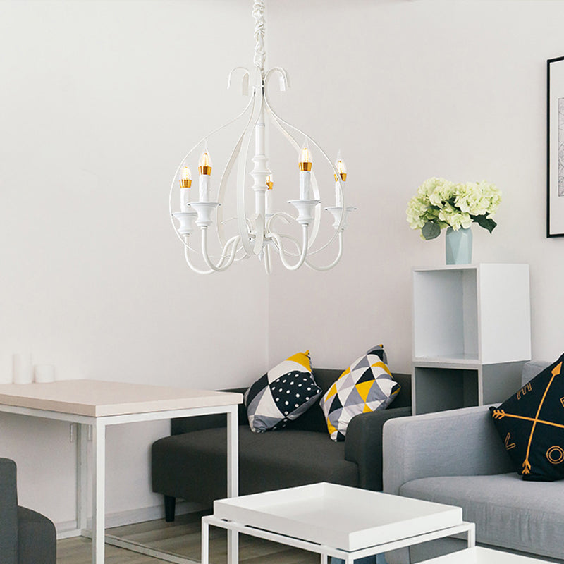 Swooping Arm Metal Chandelier Light Traditional 5 Lights Dining Room Pendant Lighting in White