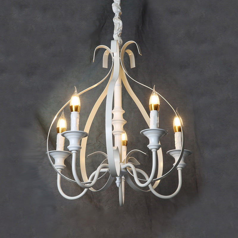 Swooping Arm Metal Chandelier Light Traditional 5 Lights Dining Room Pendant Lighting in White