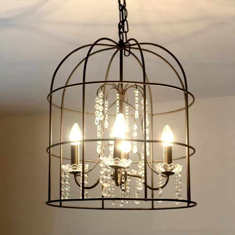 4 Lights Pendant Light Classic Birdcage Metal Hanging Chandelier in Black with Crystal Draping
