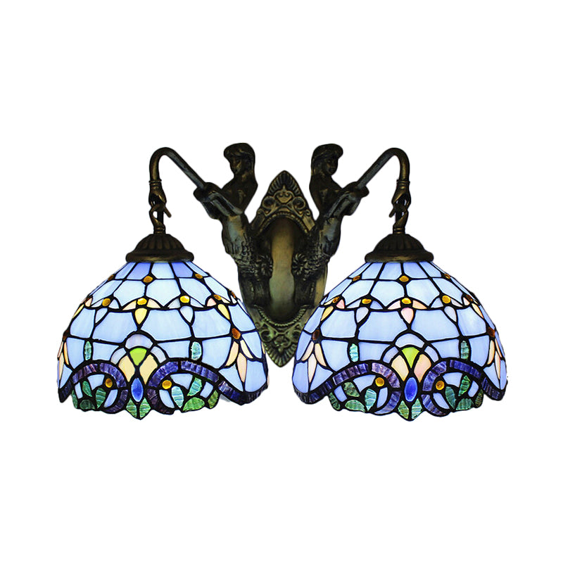 Mediterranean Dome Wall Mounted Light 2 Heads Blue Glass Sconce Lighting for Living Room