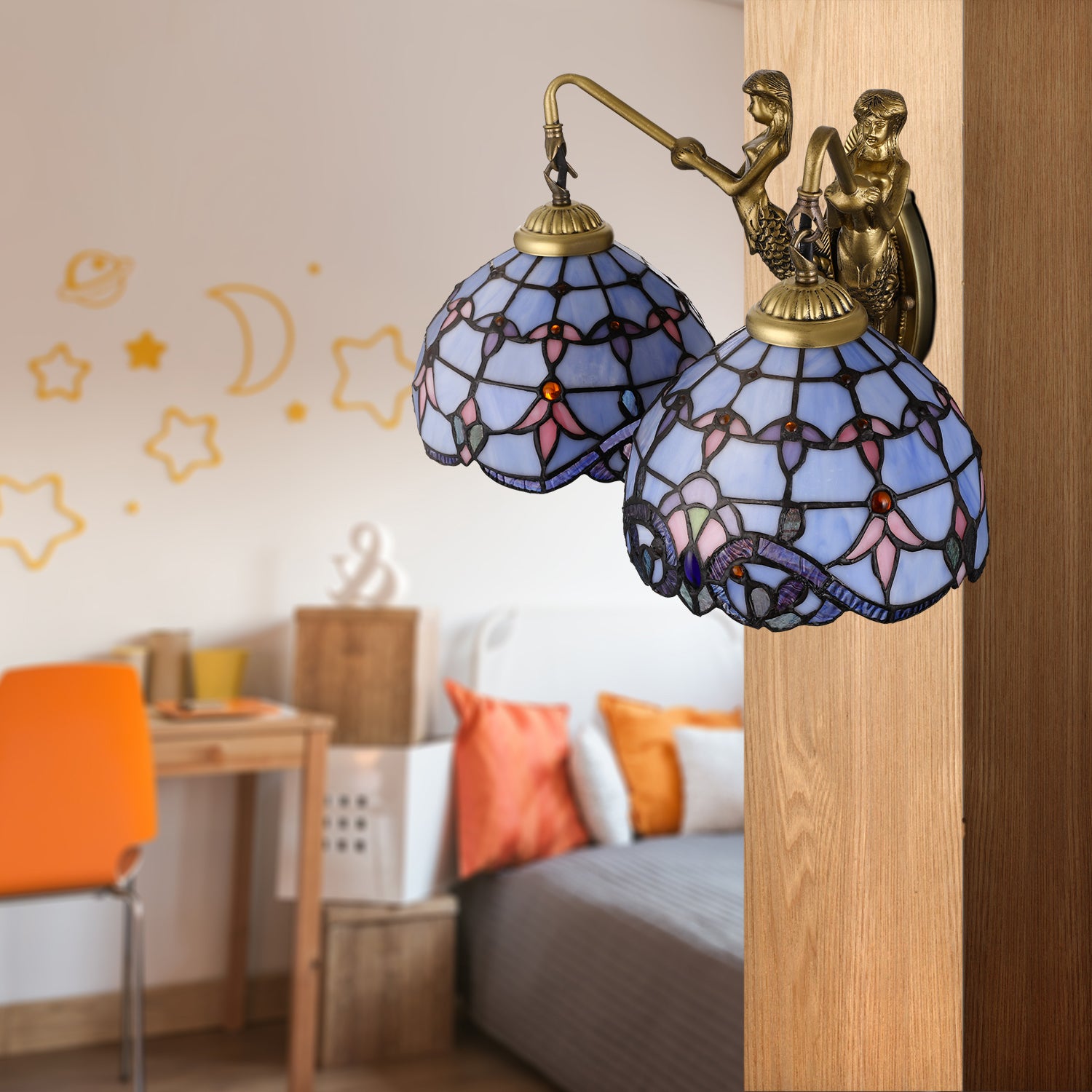 Blue Glass Dome Wall Mounted Light Mediterranean 2 Heads Brass Sconce Lighting with Mermaid Backplate