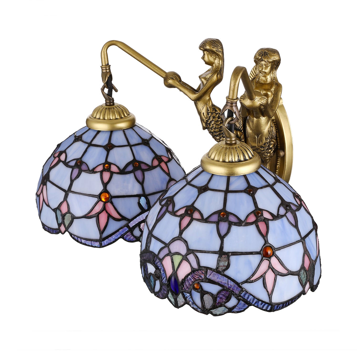 Blue Glass Dome Wall Mounted Light Mediterranean 2 Heads Brass Sconce Lighting with Mermaid Backplate