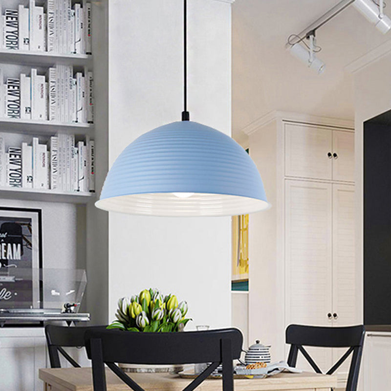 Cafe Store Ridged Domed Pendant Light Aluminum 12"/16" W 1 Light Nordic Style Suspension Lamp in Blue/Green/Yellow