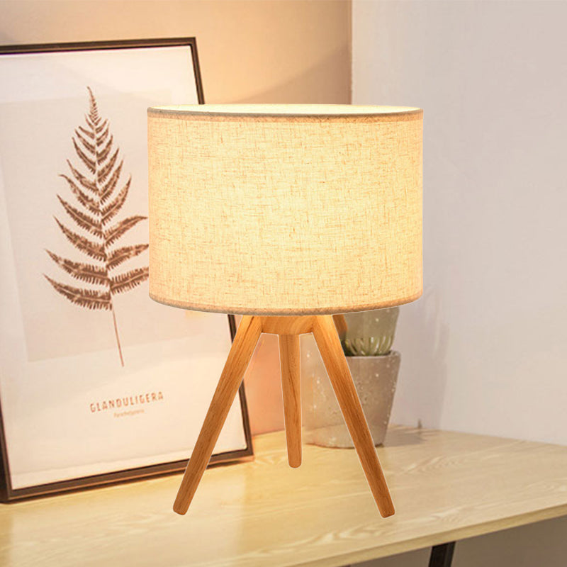 Lampe de lecture à LED en tissu d'éclairage de tâche de cylindre contemporain avec trépied en bois
