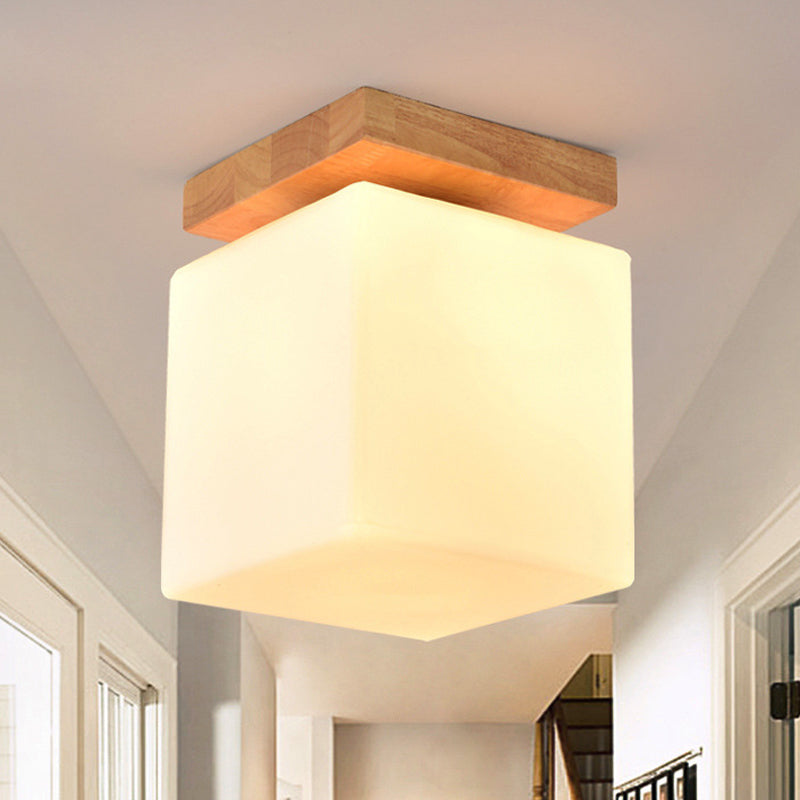 Porch Cube Shape Flush Ceiling Light Wood & Glass 1 Head Japanese Stylish White Ceiling Lamp