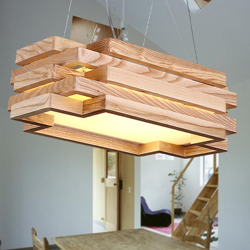 5-laags rechthoek hangend licht houten Noordse stijlvol LED-hanglamp in beige voor theestation