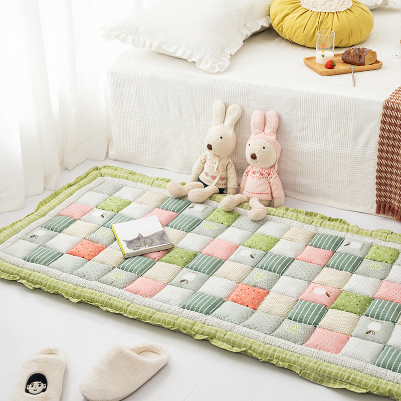 Simple Living Room Rug Multi Colored Plaid Printed Area Carpet Cotton Anti-Slip Pet Friendly Indoor Rug