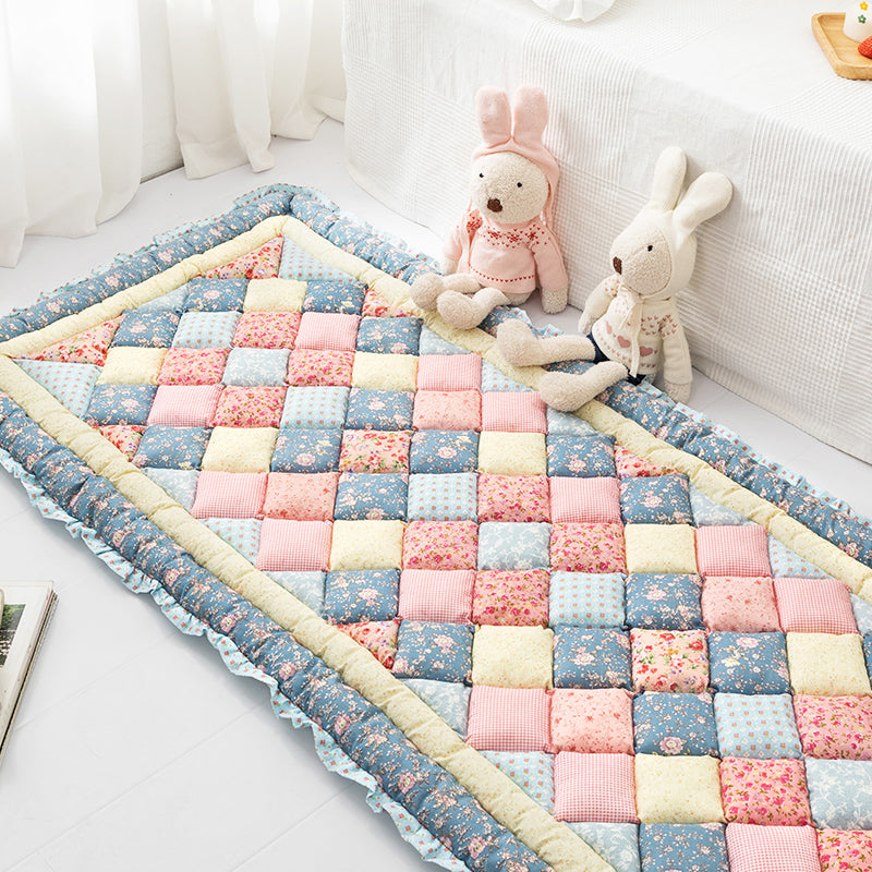 Simple Living Room Rug Multi Colored Plaid Printed Area Carpet Cotton Anti-Slip Pet Friendly Indoor Rug