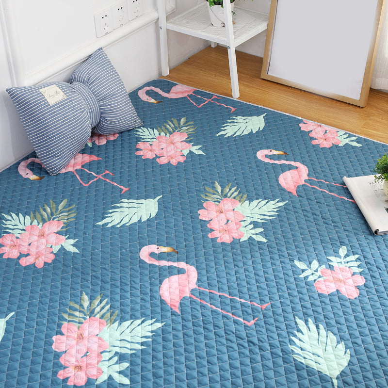 Blue Modern Rug Cotton Flamingo Print Area Carpet Non-Slip Backing Stain-Resistant Indoor Rug for Bedroom