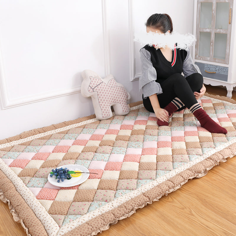 Nordic Plaid Printed Rug Multicolored Cotton Indoor Rug Anti-Slip Pet Friendly Easy Care Area Carpet for Room