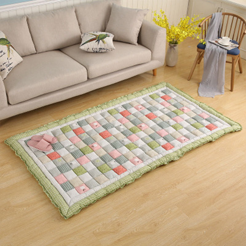 Simple Living Room Rug Multicolored Plaid Printed Area Carpet Cotton Non-Slip Backing Pet Friendly Area Rug