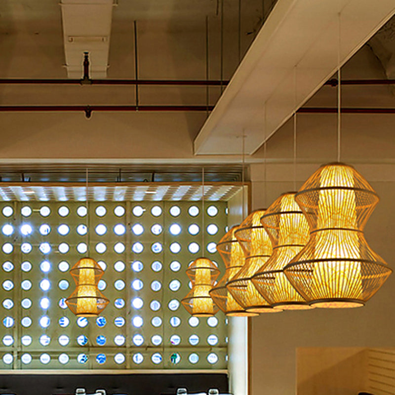 Asian Style Gourd Shaped Hanging Lighting Bamboo 19.5"/23.5" Wide 1 Head Restaurant Pendant Lamp in Wood
