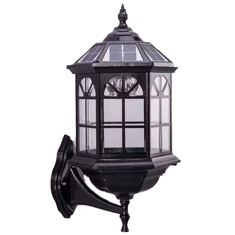 1 Glühbirne klare Glaswandländer Schwarz Hexagon Außenwandlampe mit Solarpanel