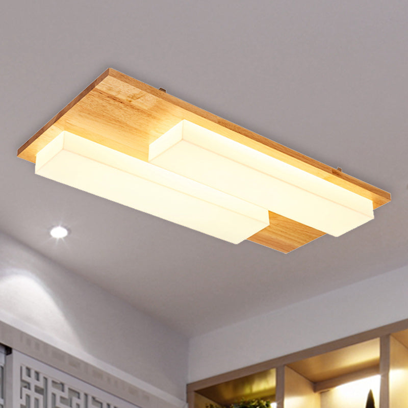 Japanese Style Rectangle Flushmount Light Wood Acrylic Beige LED Ceiling Lamp in Natural/White for Bathroom