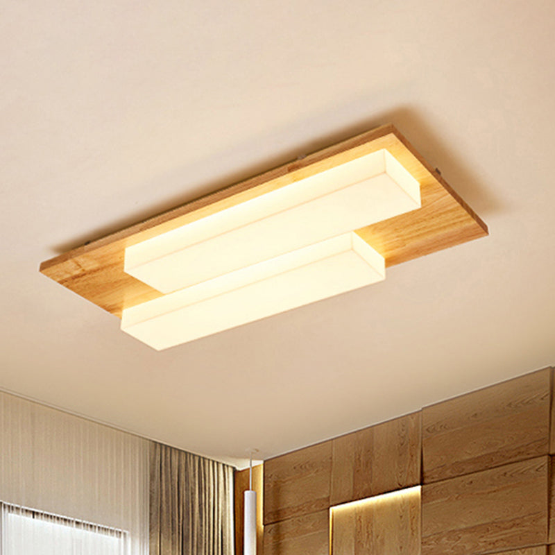 Japanese Style Rectangle Flushmount Light Wood Acrylic Beige LED Ceiling Lamp in Natural/White for Bathroom